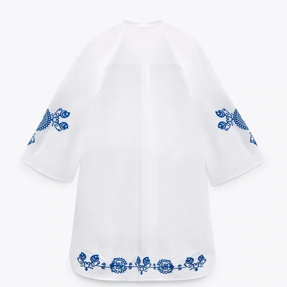 Zara White Mini Dress with Blue Floral Embroidery - Picture 9 of 10